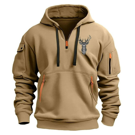 Sriper Men's Quarter-Zip Tactical Hoodie, Fleece Pullover with Multi-Pockets, Long Sleeve Workout Sweatshirt, Fall & Winter Streetwear, Durable Fabric Para Hombre Khaki M