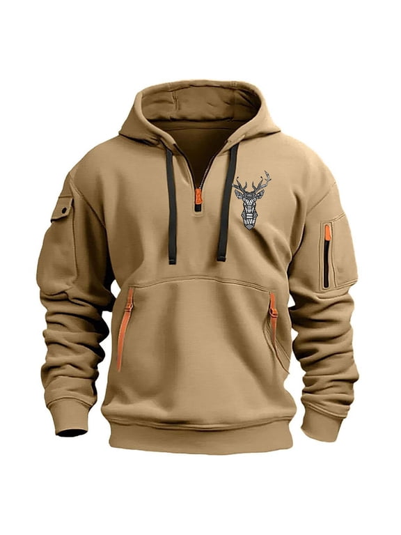 Men's Quarter-Zip Tactical Hoodie, Fleece Pullover with Multi-Pockets, Long Sleeve Workout Sweatshirt, Fall & Winter Streetwear, Durable Fabric Para Hombre Khaki 3X