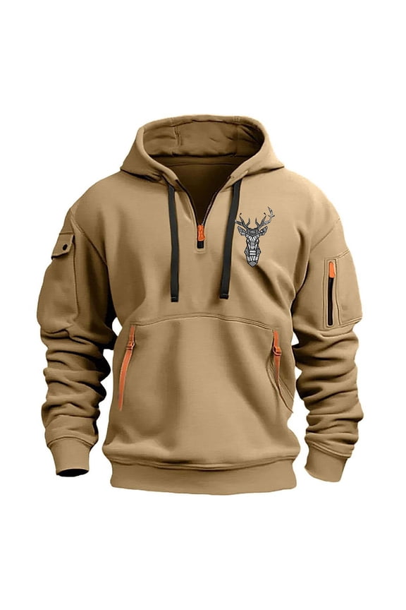 Men's Quarter-Zip Tactical Hoodie, Fleece Pullover with Multi-Pockets, Long Sleeve Workout Sweatshirt, Fall & Winter Streetwear, Durable Fabric Para Hombre Khaki 3X