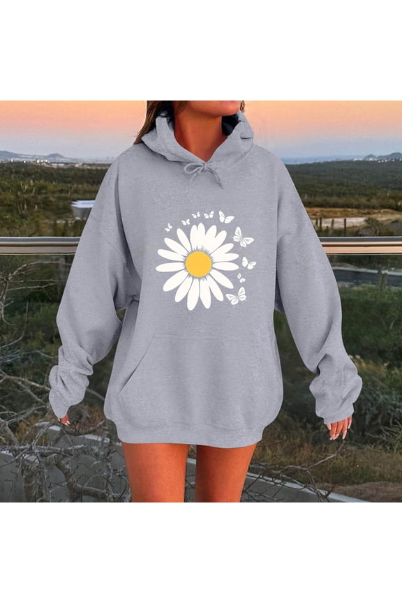 Oversized Hooded Sweatshirt for Women Baggy Floral Print Long Sleeve Hoodie Drop Shoulder Soild Color Casaul Pullover Tops with Pockets Y2K Fashion Classic Outerwear Fall Winter Lounge Clothes