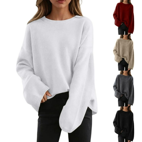 Sriper Oversized Knit Sweater Women Long Sleeve Crewneck Warm Fall Sweaters Drop Shoulder Soild Cozy Loose Pullover Tops Daily Street Casual Outfits