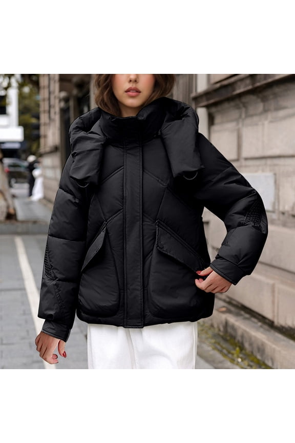 Padded Jacket for Women Loose Zip up Long Sleeve Thermal Down Coats Stand Collar Thick Warm Quilted Jackets Soild Color Oversized Windproof Hooded Outerwear 2025 Winter Clothes Fit Outdoor
