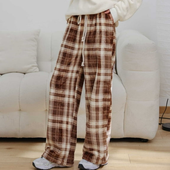 Sriper Plaid Pants for Women Flannel Gingham Thick Warm Lounge Wide Leg Pant Drawstring Elastic Waist Comfy Straight Trousers Casaul Thermal Pjs Sleepwear with Pocket Fall Winter Homewear Loungewear