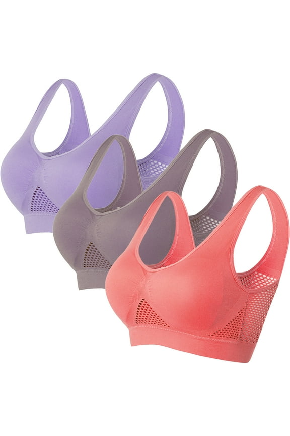 Plus Size Breathable Sports Bras for Women 3 Pack,Lift-Up Air Bra,Yoga Sports Bralettelettes Large Bust,Comfort Bra Wirefree Supportive Bras No Underwire Pack,Sujetador Deportivo Multicolor 3X