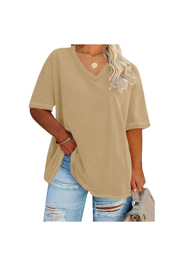 Plus Size V Neck Short Cotton Sleeve Tops for Women 4X Casual Basic Tees Ladies Oversized Solid Color T Shirts Loose Fit Fall Clothes 2024 Trendy Fashion Outfits My Orders