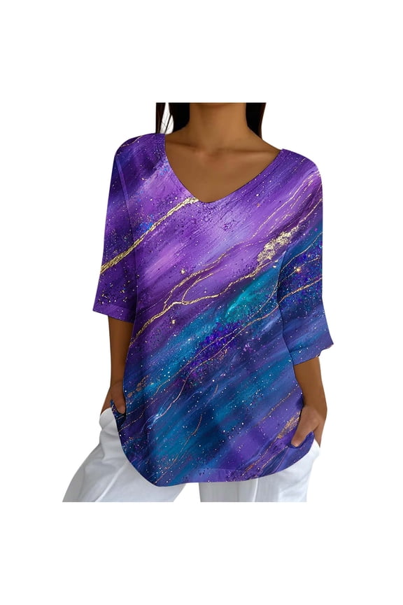 Printed V-Neck 3/4 Sleeve Tunic Tops,Women's Loose Fit Tie-Dye T-Shirts,Fall Ladies Blouses,Pullover Tops,Trendy Fashion Outfits,Camisetas Mujer,Fall Styles Blue M