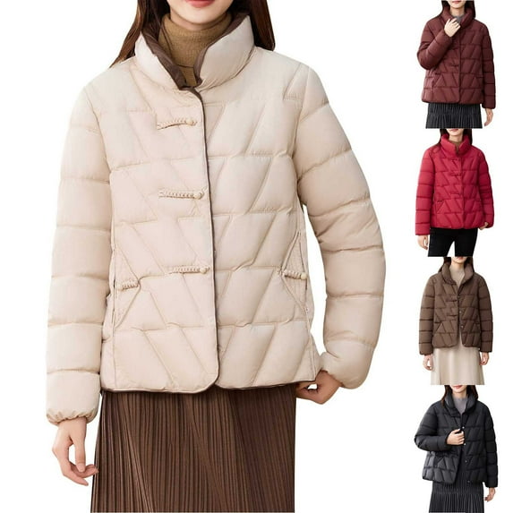 Sriper Quilted Jacket Women Knot Button Down Long Sleeve Thermal Padded Coats Stand Collar Soild Thick Warm Down Coat Fashion Winter Outerwear with Pockets 2025