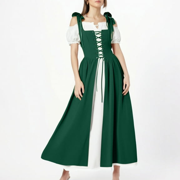 Sriper Renaissance Gothic Dress Cold Shoulder Sleeveless Maxi Medieval Irish Fairy Costume,Plus Size Hippie Punk Halloween Outfit,Elegant Vestidos Blancos s Para Mujer Green 2X