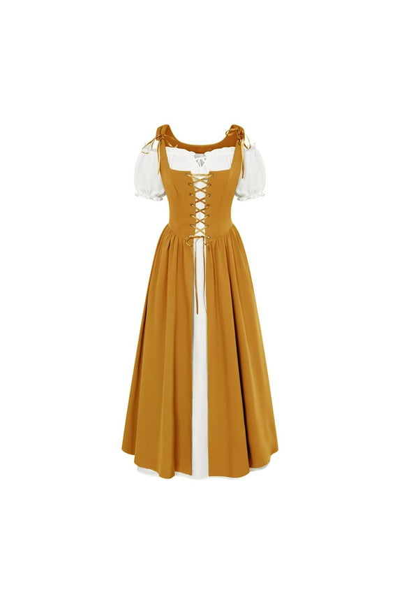 Renaissance Peasant Dress Women's Short Sleeve Maxi Medieval Irish Fairy Ball Gown,Gothic Vintage Elven Outfit,Elegant Vestidos de Encaje Para Mujer Yellow 2X