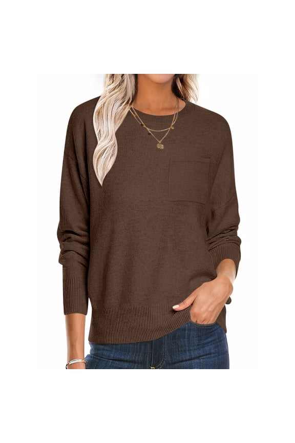 Slouchy Sweaters for Women Long Sleeve Crewneck Knit Sweater Warm Drop Shoulder Soild Color Pullover Tops Fall Winter Fashion Loose Clothes with Pocket 2025