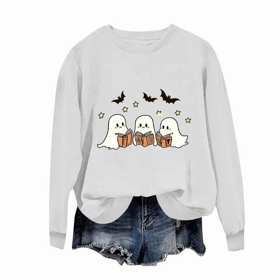 Sriper Spooky Season Women's Sweatshirt, Halloween Ghost Print Oversized Crewneck, Fall Winter Fashion Pullover Top, Casual Long Sleeve Pullover, Cute Holiday Outfit Cute Para Mujer White S