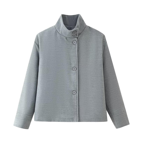 Sriper Stand Collar Cropped Jacket Women Button Down Wool Blend Coats Long Sleeve Comfy Warm Outerwear Fall Winter Fashion Outfits Fit Officewear Streetwear