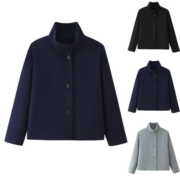 Sriper Stand Collar Cropped Jacket Women Button Down Wool Blend Coats Long Sleeve Comfy Warm Outerwear Fall Winter Fashion Outfits Fit Officewear Streetwear