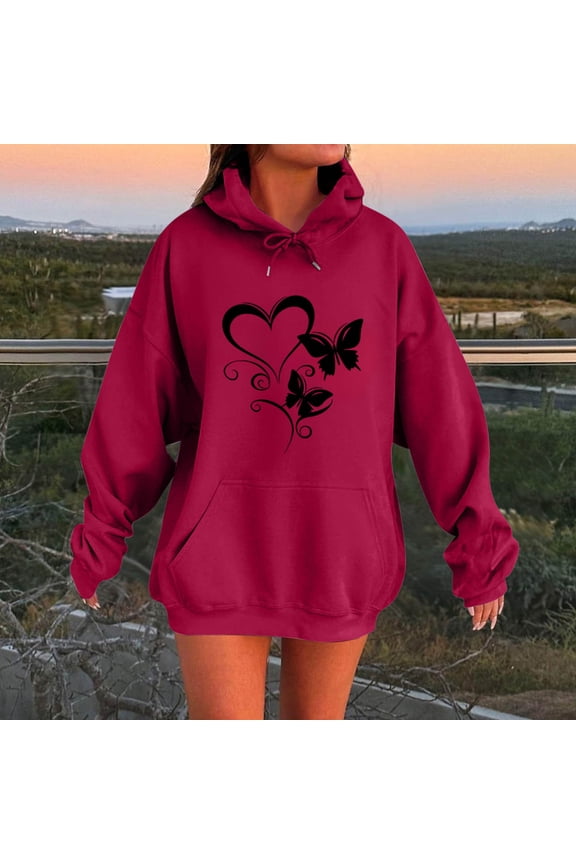 Sweatshirt for Women Y2K Oversized Long Sleeve Casaul Hoodie Heart Printed Drop Shoulder Pullover Tops Soild Color Classic Fashion Outerwear with Pocket Ladies Breathable Fabric Winter Clothes