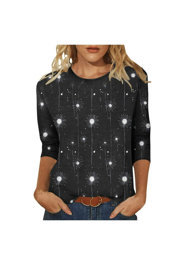 Three Quarter Sleeve Black Tops for Women,2025 Dressy Casual Fall Blouses,3/4 Sleeve Tunics,Tunic Pullover,Plus Size Teens Outfits,Camisetas Mujer Black L