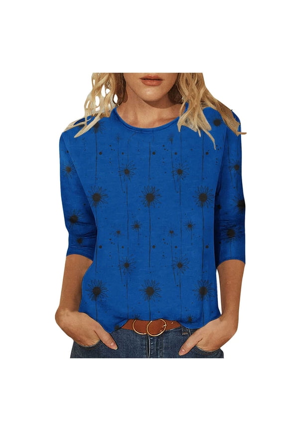 Three Quarter Sleeve Tops for Women (Pack),Solid Color Crew Neck Shirts,2025 Fall Blouses,Tunic Pullover,Over 50 Plus Size Outfits,Camisetas Mujer Blue S