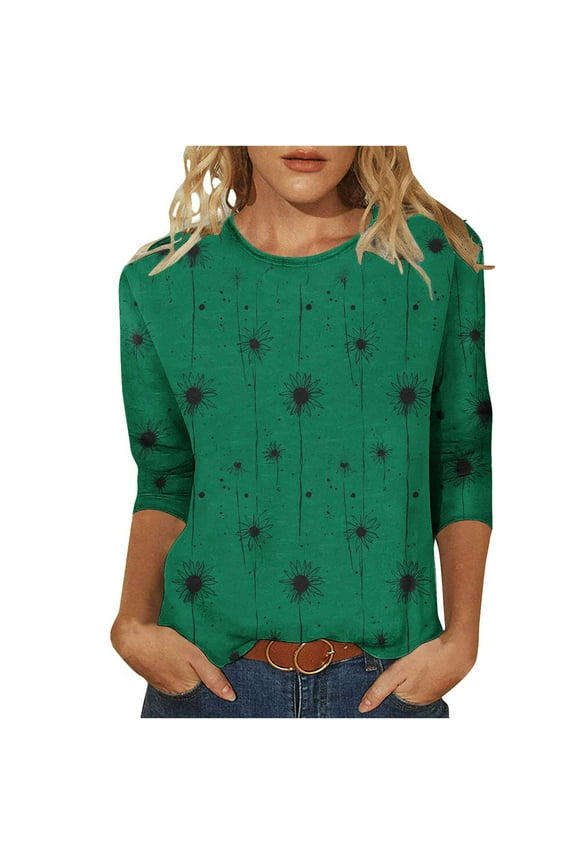 Three Quarter Sleeve Tops for Women (Pack),Solid Color Crew Neck Shirts,2025 Fall Blouses,Tunic Pullover,Over 50 Plus Size Outfits,Camisetas Mujer Green M