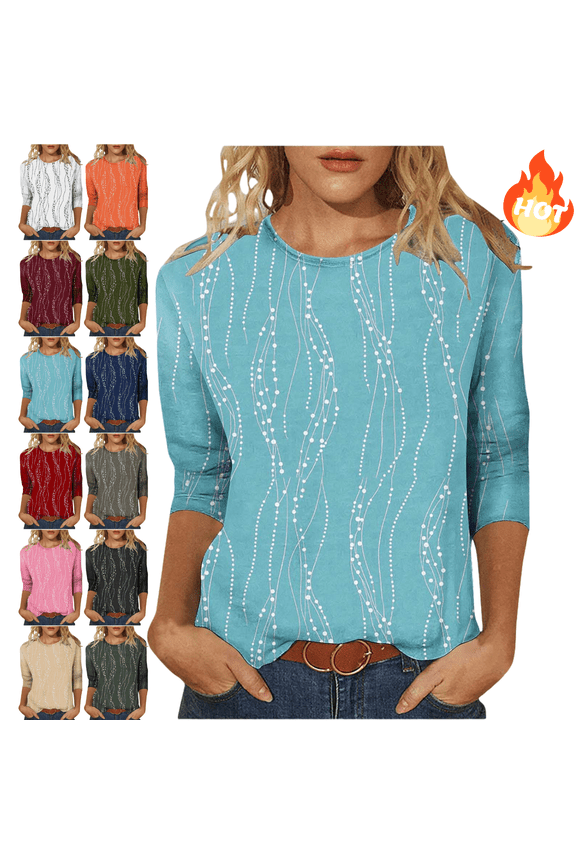 Three Quarter Sleeve Tops for Women,Printed Crewneck Tunic Shirts,Casual Fall Blouses,Tunic Pullover,Plus Size Teens Outfits,Blusas Elegantes Para Mujer Sky Blue 2X