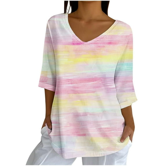 Sriper Tie-Dye T-Shirts for Adults,3/4 Sleeve Trendy Shirts for Women,Cotton Elbow Sleeve Blouses,Casual Ladies Tops,Tunic Pullover Loose Fit,Camisetas Mujer,Fall Fashion 2025 Pink S