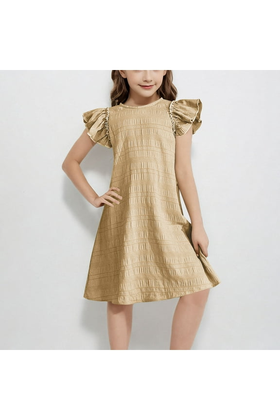 Toddler Girls Dresses 2T 3T 4T 5T Spring Outfits,Sundresses with Ruffle Sleeves,Casual Dresses for Girls Size 7-8,Girls Size 10 Clothes,Vestidos De 15 AñOs QuinceañEra, Khaki 8-9Years
