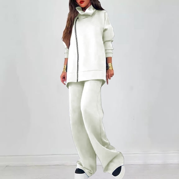 Sriper Travel Lounge Sets for Women Fall 2 Piece Casual Comfy Outfits Mock Neck Long Sleeve Side Zipper Sweatshirt Oversized Casual Pullover Tops High Waisted Wide Leg Pants Fashion Matching Clothes