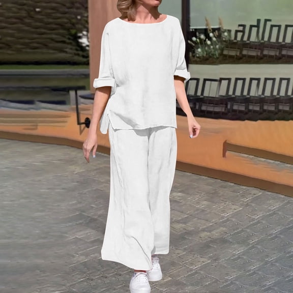 Sriper Two Piece Linen Sets for Women Vocation Lounge Outfits 3/4 Sleeve Crewneck Baggy Shirts Soild Color Breathable Tops High Waisted Oversized Wide Leg Pants Fall Loungewear Streetwear Fit Travel