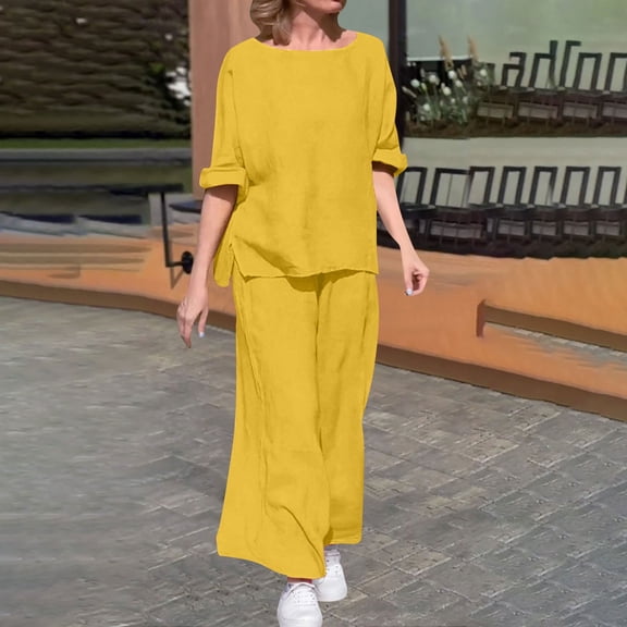 Sriper Two Piece Linen Sets for Women Vocation Lounge Outfits 3/4 Sleeve Crewneck Baggy Shirts Soild Color Breathable Tops High Waisted Oversized Wide Leg Pants Fall Loungewear Streetwear Fit Travel