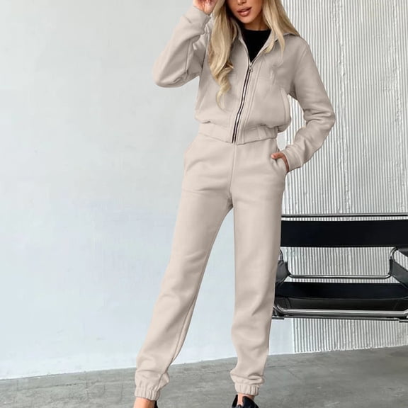 Sriper Two Piece Sets for Women Comfy Lounge Workout Outfits Full Zip Long Sleeve Trendy Hooded Sweatshirt 2 Piece Casual Hoodie High Waisted Wide Leg Sweatpants Fall Winter Activewear Streetwear