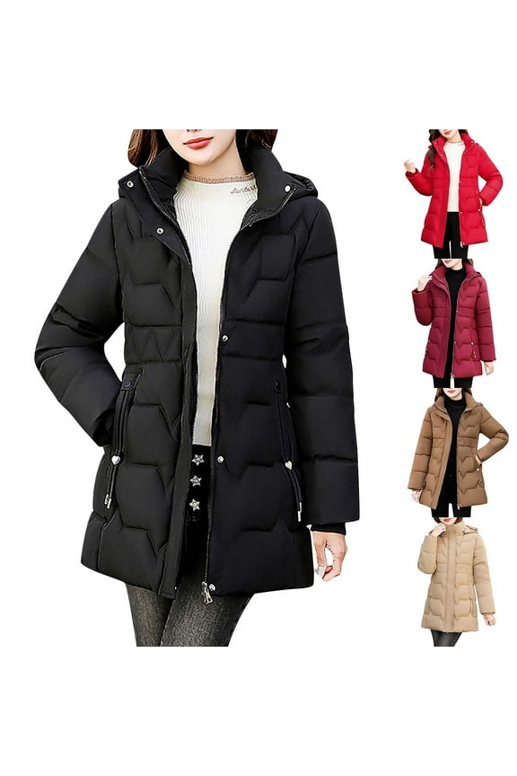 Winter Coats for Women 2025 Mid Length Zip up Hooded Thermal Padded Jacket Stand Collar Long Sleeve Thick Warm Down Coat Windproof Loose Fit Soild Outerwear Snow 2025 with Pockets