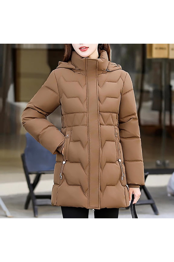 Winter Coats for Women 2025 Mid Length Zip up Hooded Thermal Padded Jacket Stand Collar Long Sleeve Thick Warm Down Coat Windproof Loose Fit Soild Outerwear Snow 2025 with Pockets