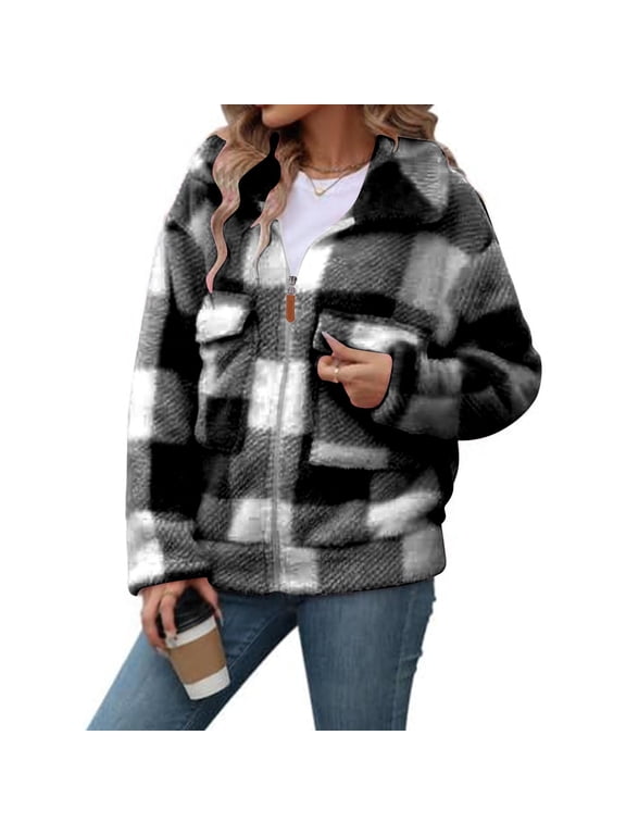 Winter Heavy Warm Sherpa Lined Fleece Plaid Flannel Jacket Hoodie Oversized Fluffy Cardigan Ladies Jackets Lightweight Outerwear Black XXL Winter Outfits 2024 Trendy