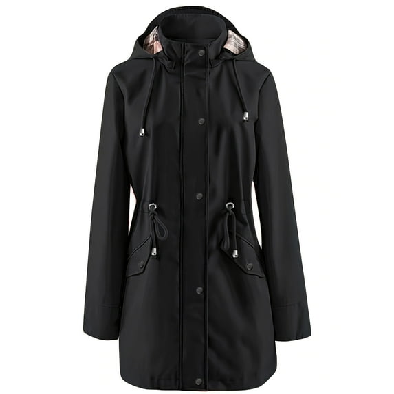 Sriper Winter Waterproof Raincoat for Women, Hooded Windproof Hiking Jacket, Plus Size Long Rain Gear, Cold Weather Chaqueta with Pockets Black XL