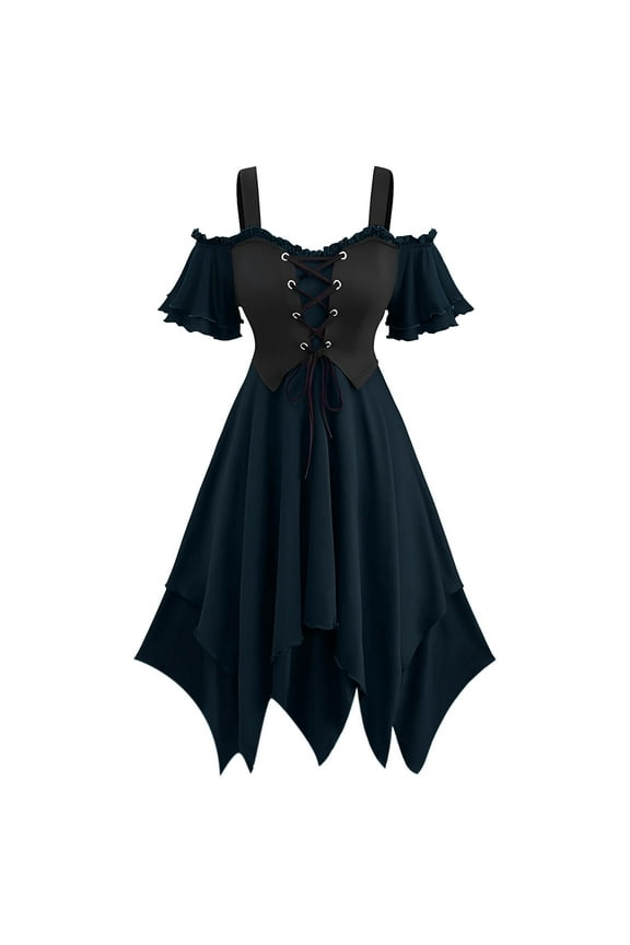 Women Plus Size Gothic Halloween Dress Cold Shoulder Short Sleeve Lace Up Long Maxi Dress,Hippie Clothes,Vintage Elven Fairy Costume,de Encaje Para Mujer,Witch Steampunk Medieval Outfit Navy S