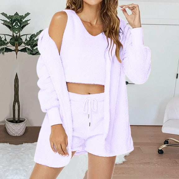 Sriper Women'S 3 Piece Sets Fleece Lounge Outfits Long Sleeve Fuzzy Hooded Cardigan Knit Sleepwear Set Cozy Tank Tops Elastic Waist Shorts Pants Fit Home Going Out Fall Loungewear Homewear