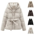 thumbnail image 1 of Sriper Women'S Hooded Winter Coats Mid Length Belted Tunic Padded Jacket Zip up Button Down Thermal Down Coat Baggy Fashion Soild Color Thicken Warm Puffer Outerwear Snow 2025 with Pockets, 1 of 8