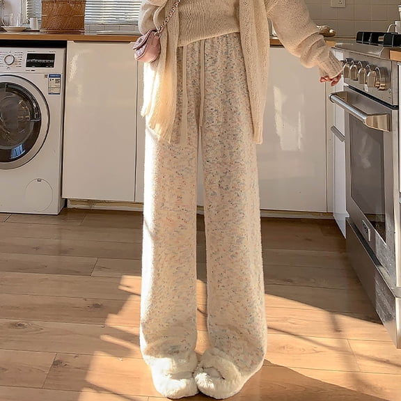 Sriper Women's Casual Pants Women Rainbow Ribbed Cotton Drawstring Elastic Waist Wide Leg Pant Comfy Baggy Long Trousers Fall Thick Warm Pajama Slouchy Relaxed Sleepwear and Homewear