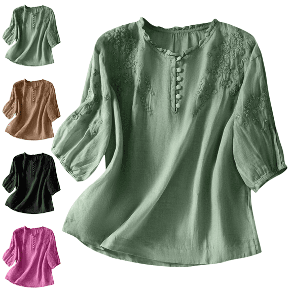 Mifsaly Women's Cotton Linen Embroidered Boho Tops 3/4 Sleeve V-Neck Bohemian Blouses Plus Size Elbow Sleeve Pullover Tunic Tops Camisetas Mujer