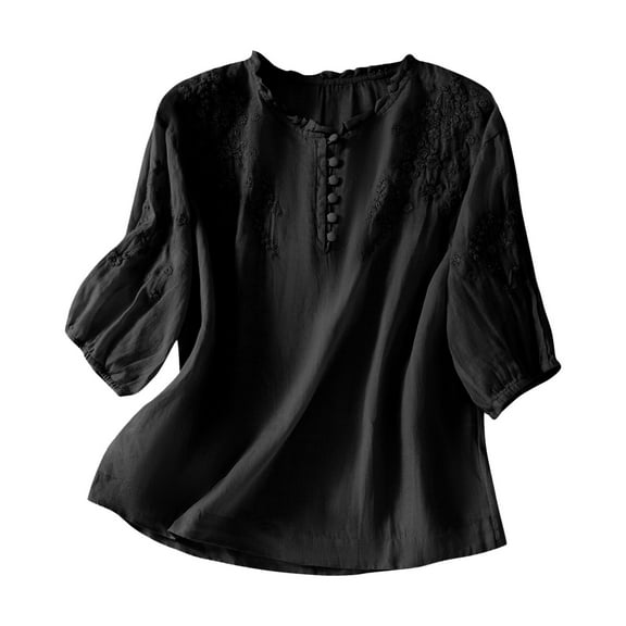 Sriper Women's Cotton Linen Embroidered Boho Tops,3/4 Sleeve V-Neck Bohemian Blouses,Plus Size Elbow Sleeve Pullover,Tunic Tops,Camisetas Mujer Black XL