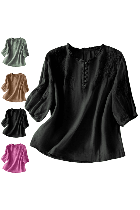 Women's Cotton Linen Embroidered Boho Tops 3/4 Sleeve V-Neck Bohemian Blouses Plus Size Elbow Sleeve Pullover Tunic Tops Camisetas Mujer