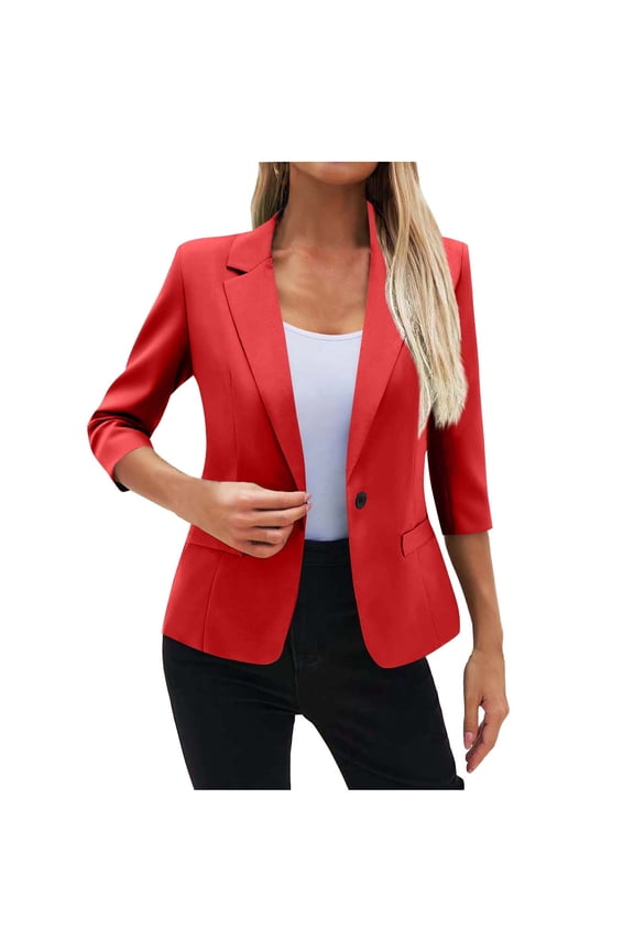 Women's Fashion Casual Blazer Solid Button Suit Coat 3/4 Sleeve No Pockets,Business Outfits,Interview Attire,Open Front Cardigan,Stylish Fall Jacket for Women Sacos De Mujer Para Red 2X