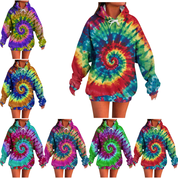 Sriper Women's Lightweight Tie-Dye Hoodie, Trendy Fleece Liner Pullover with Pocket, Casual Gym Wear, Plus Size Tunic Tops, Winter Clothes, Oversized Comfort Fit, 2025 Seasonal Fashion Red XL