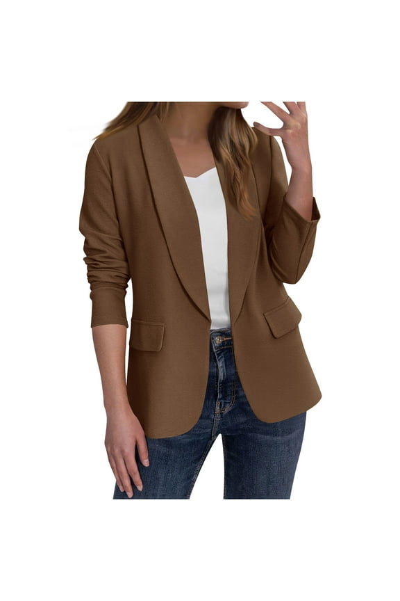 Women's Professional Solid Blazer Long Sleeve Cardigan Jacket, Business Attire 2025, Workwear S, Stylish Open Front Coat for Women Trajes Para Mujer Brown 2X