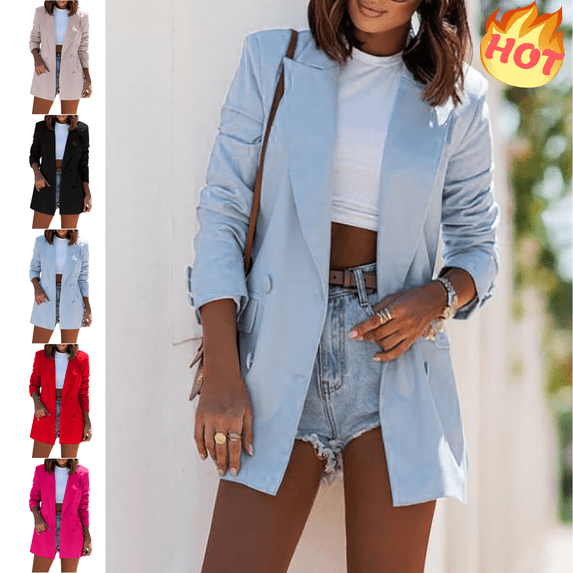 Sriper Women's Professional Suit Jacket, Long Sleeve Blazer Coat with Pockets, Business Attire, Fall Work Outfits, Elegant Ladies Office Wear Bleiser Para Mujer Sky Blue XL