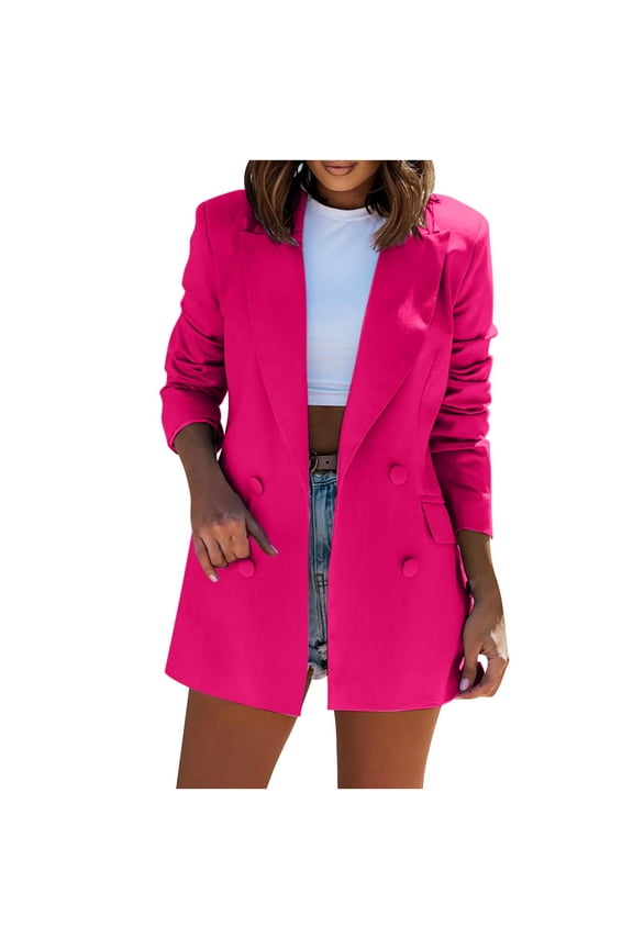 Women's Professional Suit Jacket, Long Sleeve Blazer Coat with Pockets, Business Attire, Fall Work Outfits, Elegant Ladies Office Wear Bleiser Para Mujer Hot Pink 2X