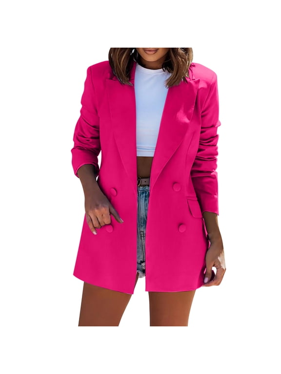 Women's Professional Suit Jacket, Long Sleeve Blazer Coat with Pockets, Business Attire, Fall Work Outfits, Elegant Ladies Office Wear Bleiser Para Mujer Hot Pink S