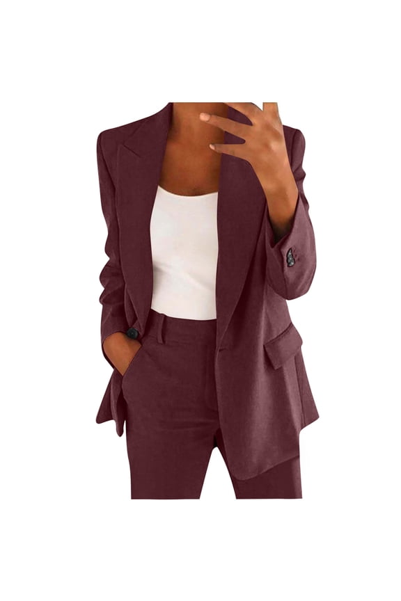 Women's Suit Jacket Set, Solid Color Long Sleeve Blazer with Pants, Business Casual Outfits, Cute Office Wear, Fall Matching Work Trajes Para Mujer Coffee 5X