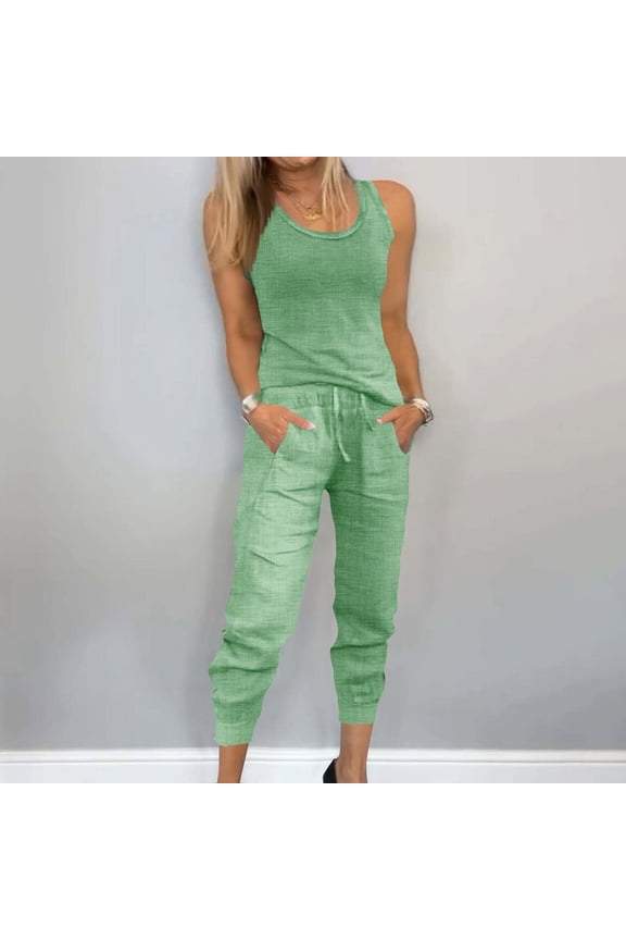 Women's Two Piece Lounge Set,Linen Pant Sets 2 Piece Sleeveless,Round Neck Tank Top and Long Pants ,Summer Travel Vacation Outfits,Nightwear Outfit Curvy Green XL
