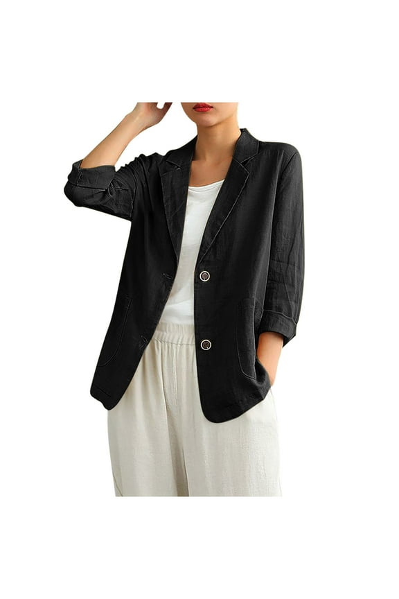 Women's V Neck Linen Cotton Blend Suit Jacket, Button Blazer, Business Casual Outfits, Open Front Cardigan, Breathable Fall Office Wear, Elegant Ladies Coat Bleiser Para Mujer Black 3X