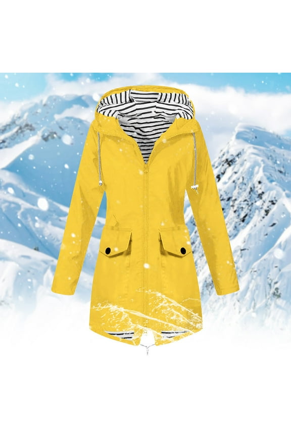 Women's Waterproof Raincoat Winter Windproof Hooded Jacket, Lightweight Thermal Hiking Coat, Plus Size Outdoor Windbreaker, Fleece-Lined Trench Coat with Pockets, Chaquetas De Mujer Yellow 2X
