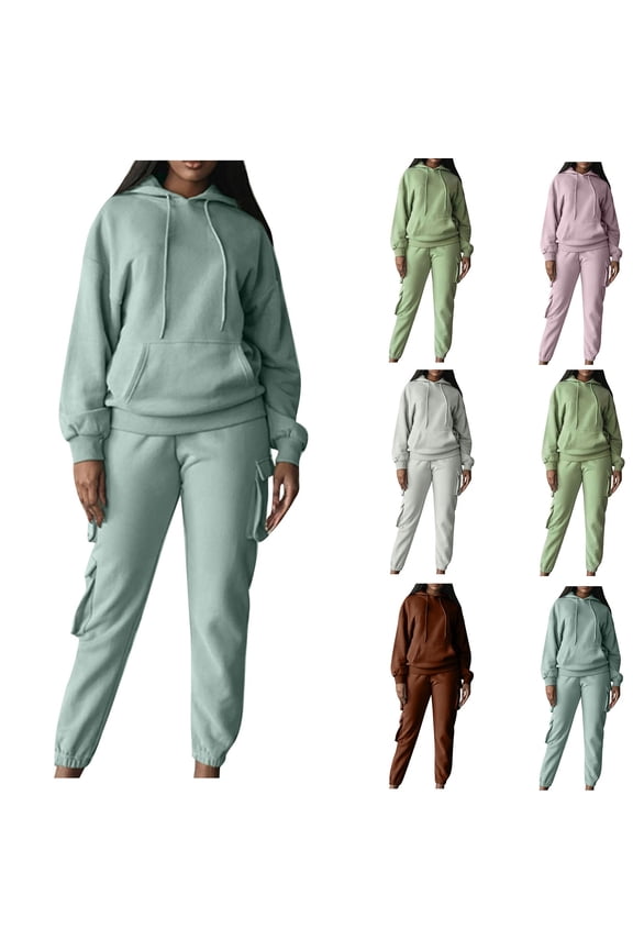 Womens 2 Piece Lounge Outfits Workout Comfy Sweatsuit Sets Long Sleeve Baggy Hooded Sweatshirt Drop Shoulder Hoodie High Waisted Sweatpants with Side Pockets Trendy Tracksuit Fit Gym Going Out